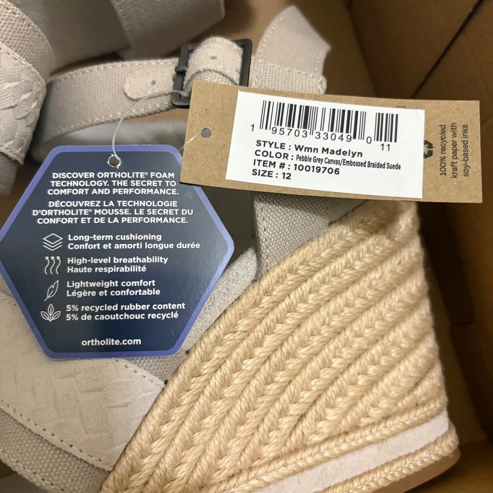NEW TOMS Madelyn Pebble Grey Wedge Sandals Sz 12 Canvas Braided Suede Espadrille